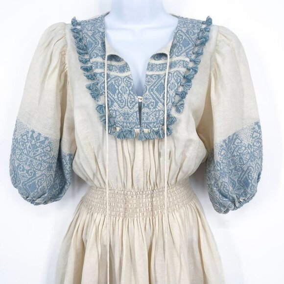 Zimmermann Helm Split Neck Jacquard Fringe Tassel Linen Lace Mini Dress - Picture 7 of 12